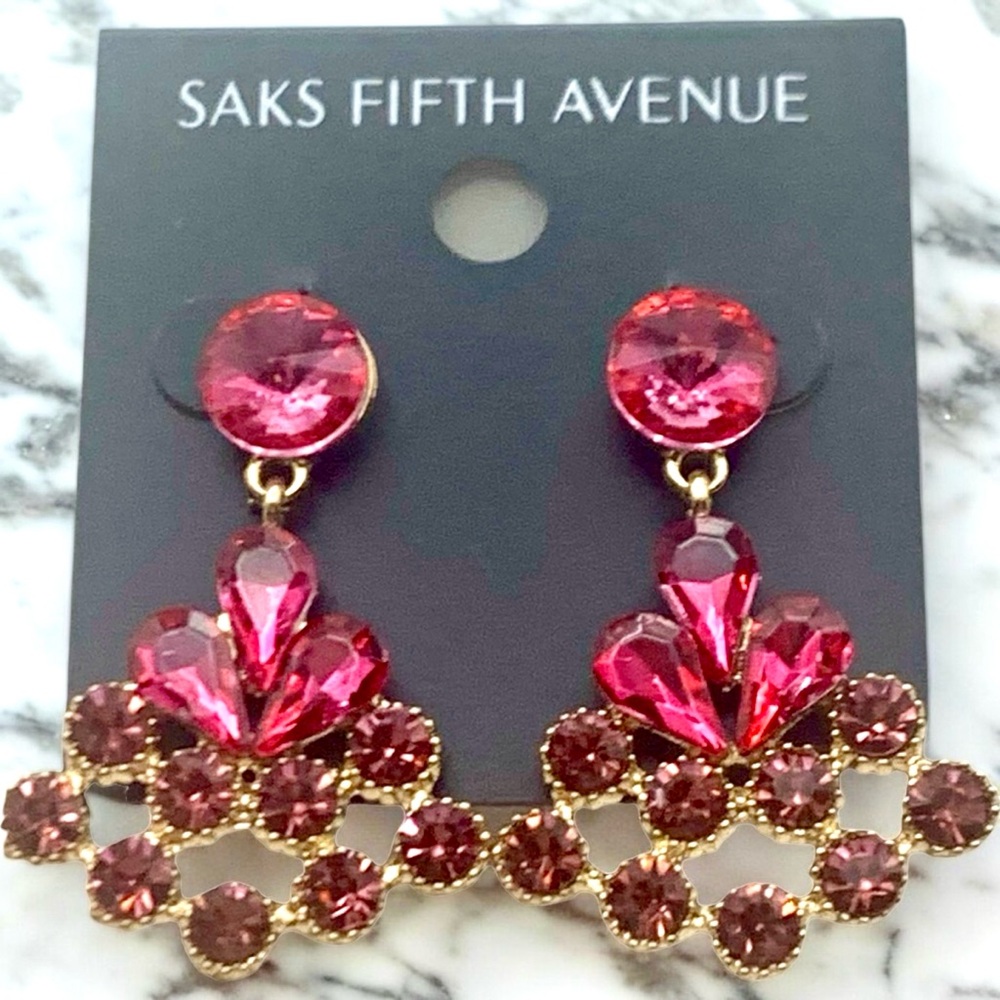 Saks Fifth Avenue Gold Plated & Pink Crystal Triangle Costume Jewelry Earrings. - Picture 3 of 5